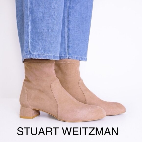Stuart Weitzman Grace Ankle Boots Sock Bootie Block Heel Tan Suede US 8.5 -SPAIN - Picture 1 of 13